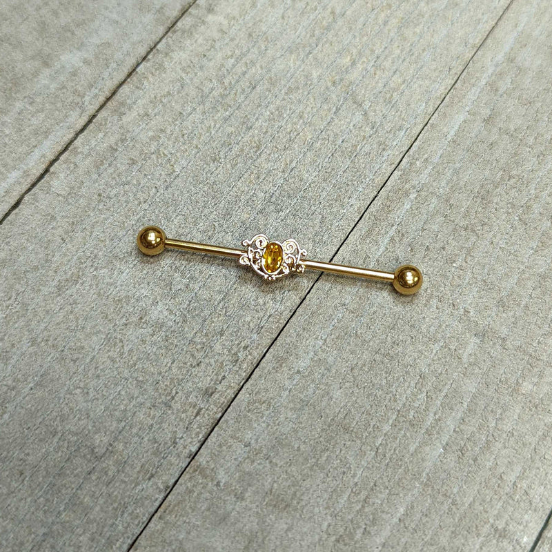 14G Yellow Gem Gold Tone Duet Scroll Industrial Barbell 38mm