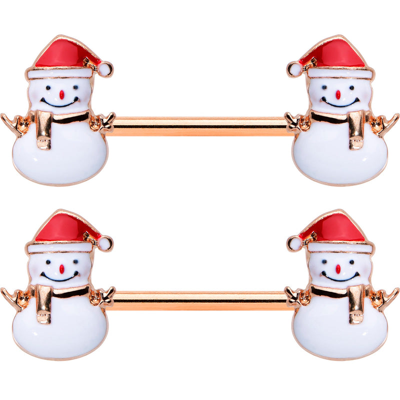 14G 9/16 Rose Gold Tone Smiling Snowman Christmas Nipple Ring Set