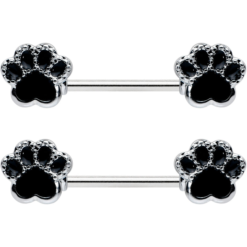 14G 9/16 Textured Black Paw Print Barbell Nipple Ring Set