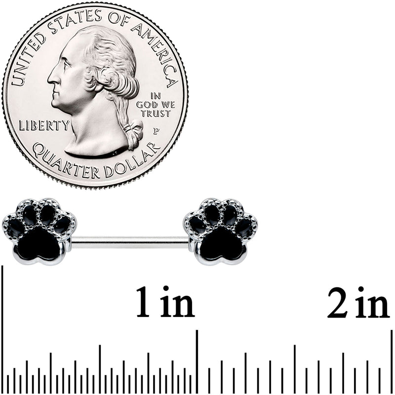 14G 9/16 Textured Black Paw Print Barbell Nipple Ring Set