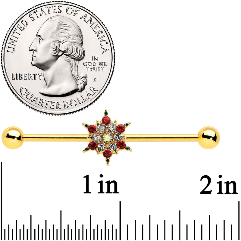 14G Red Gem Gold Tone Bright Christmas Industrial Barbell 38mm