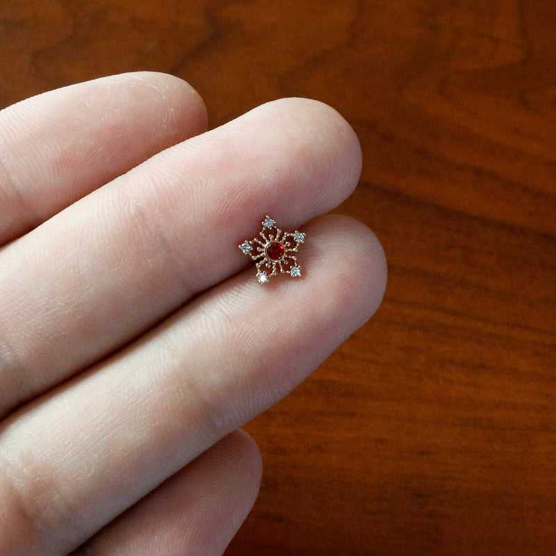 16G 5/16 Red Gem Rose Gold Tone Texture Snowflake Labret Tragus