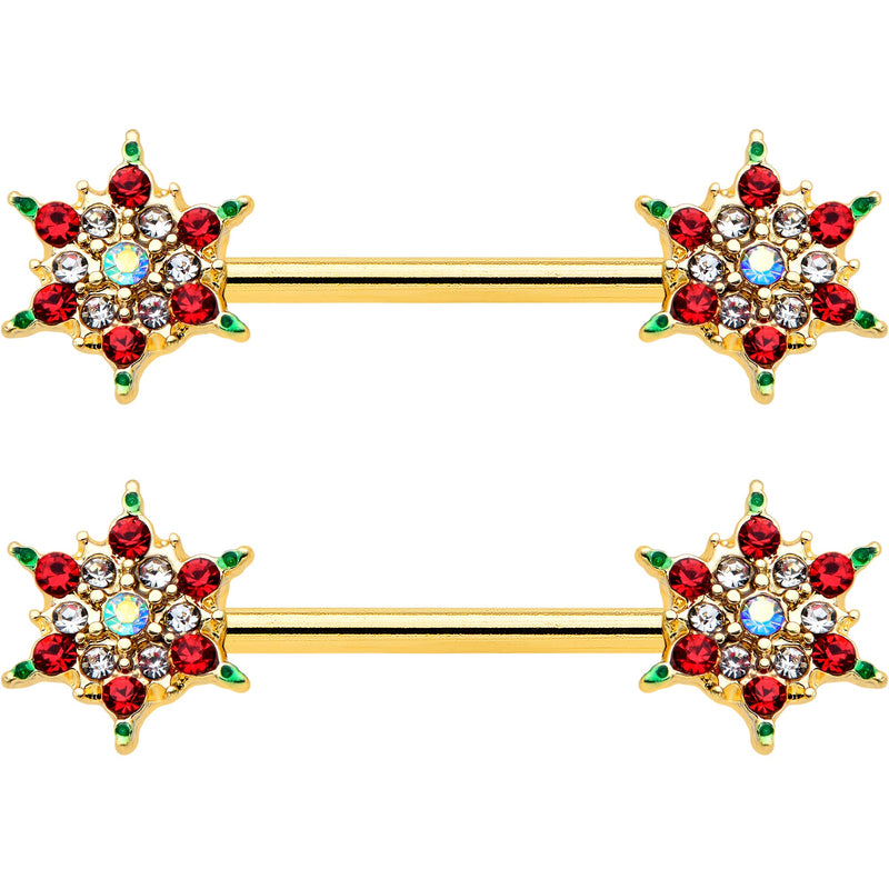 14G 9/16 Red Gem Gold Hue Bright Christmas Barbell Nipple Ring Set