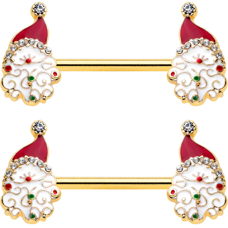 14G 1/2 Clear Gem Gold Tone Decorated Santa Barbell Nipple Ring Set