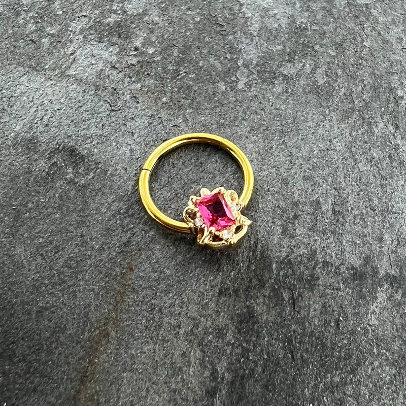 16G 3/8 Clear Pink Gem Gold Tone Open Oblong Hinged Segment Ring