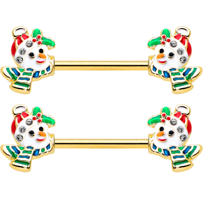 14G 9/16 Clear Gem Gold Tone Snowman Christmas Nipple Ring Set