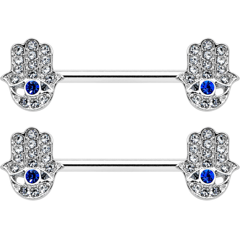 14G 9/16 Clear Blue Gem Eye Hamsa Hand Barbell Nipple Ring Set