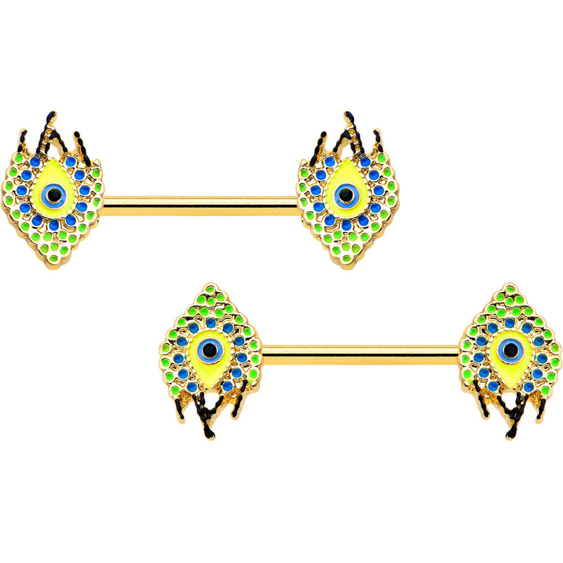 14G 9/16 Gold Tone Bold Peacock Feather Barbell Nipple Ring Set
