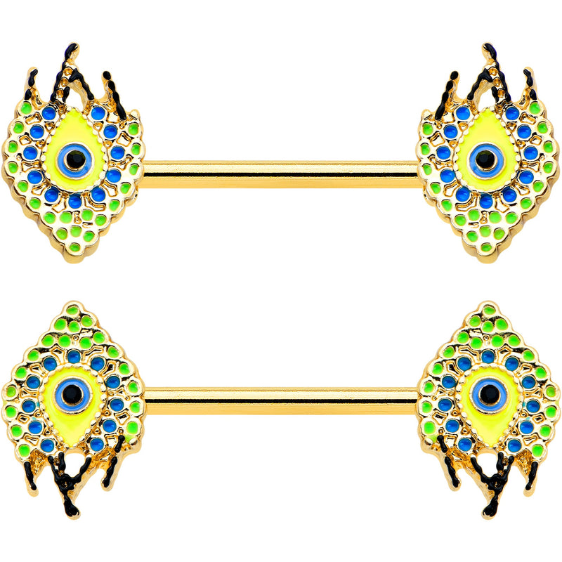 14G 9/16 Gold Tone Bold Peacock Feather Barbell Nipple Ring Set