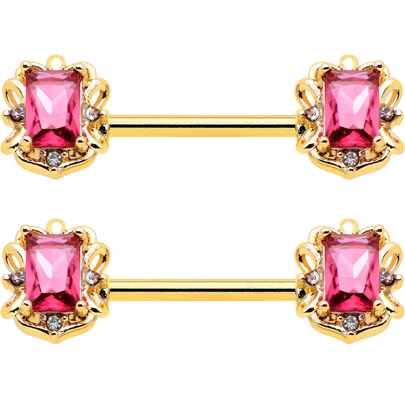 14G 9/16 Red Gem Gold Hue Regal Escutcheon Barbell Nipple Ring Set