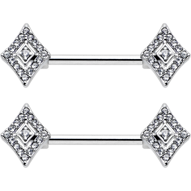 14G 9/16 Clear Gem Double Rhombus Deco Barbell Nipple Ring Set