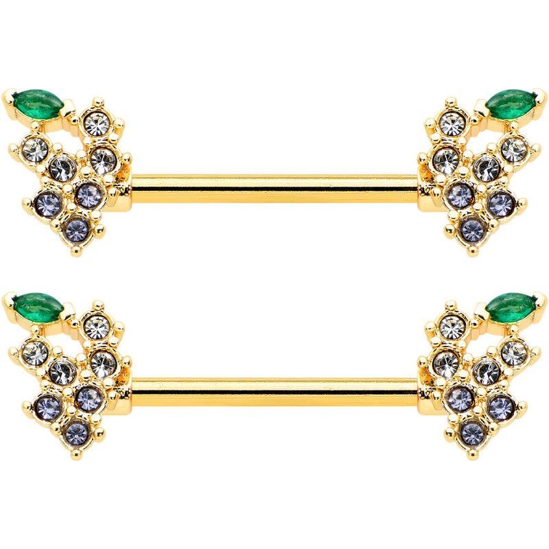 14G 9/16 Clear CZ Gem Gold Tone Bunch Grapes Nipple Ring Set