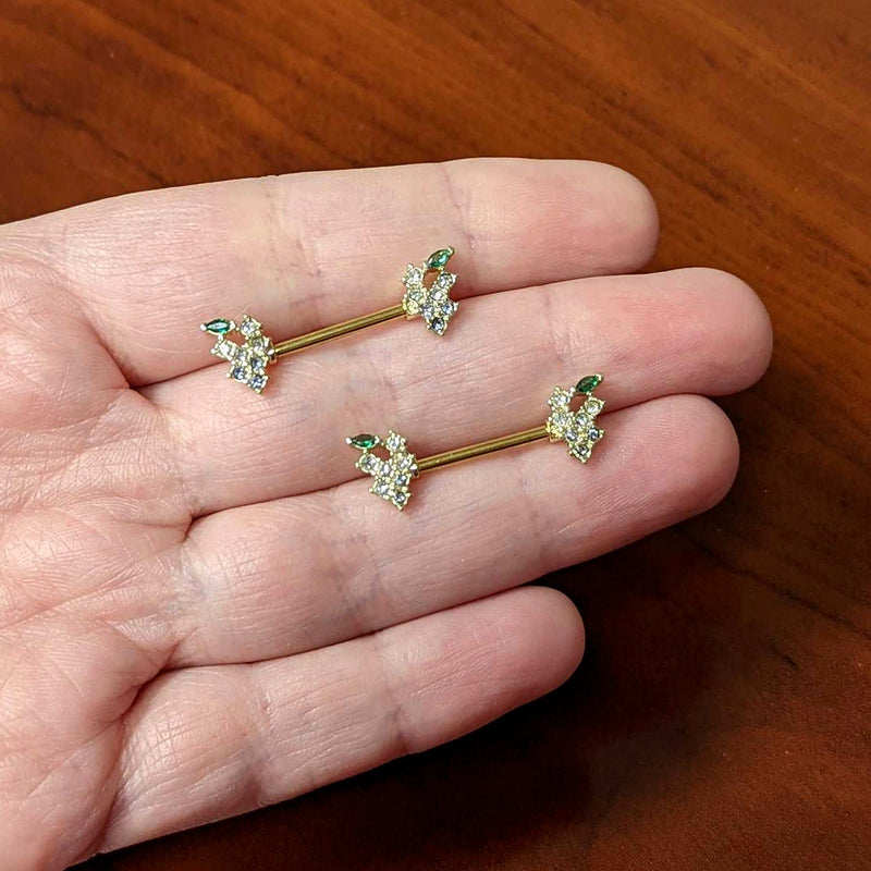 14G 9/16 Clear CZ Gem Gold Tone Bunch Grapes Nipple Ring Set