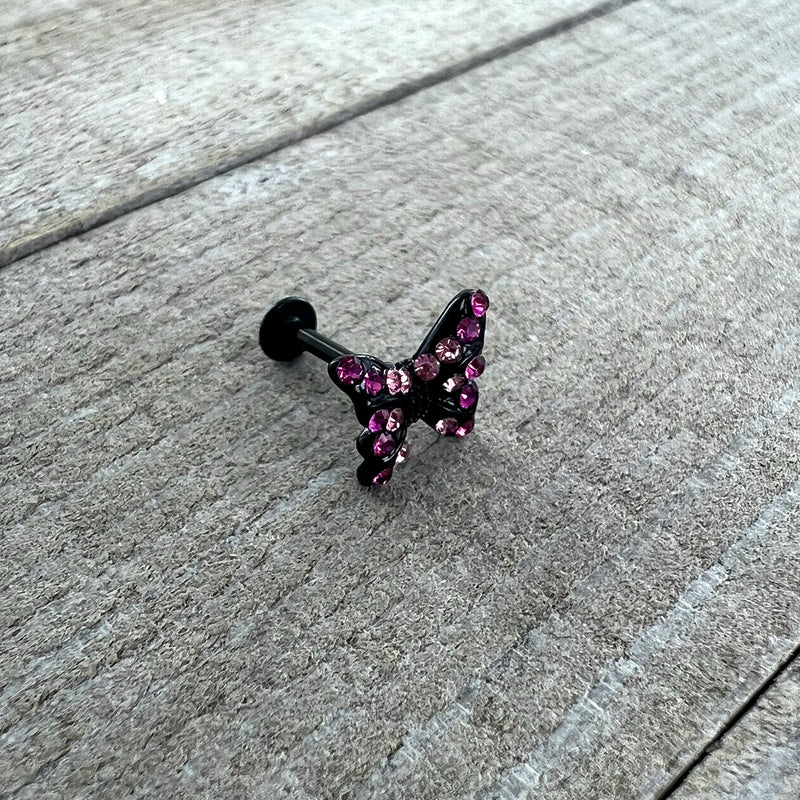 16G 5/16 Pink Gem Black Midnight Butterfly Labret Monroe Tragus
