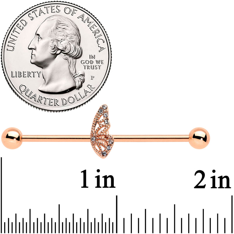 14G Clear Gem Rose Gold Tone Texture Wing Industrial Barbell 38mm