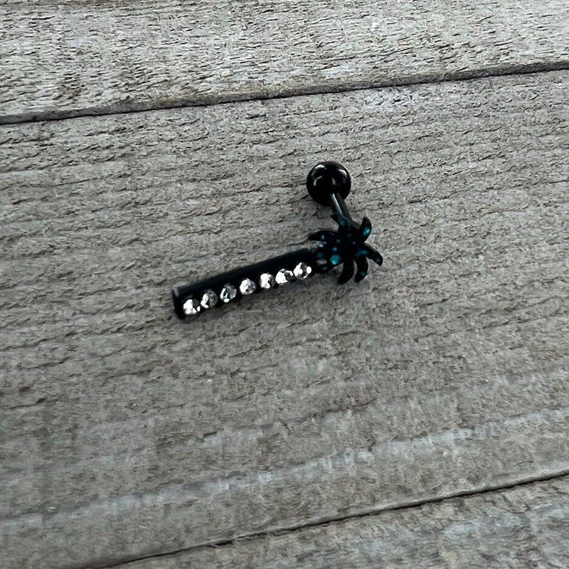 16G 1/4 Clear Gem Black Night Palm Tree Dangle Cartilage Earring