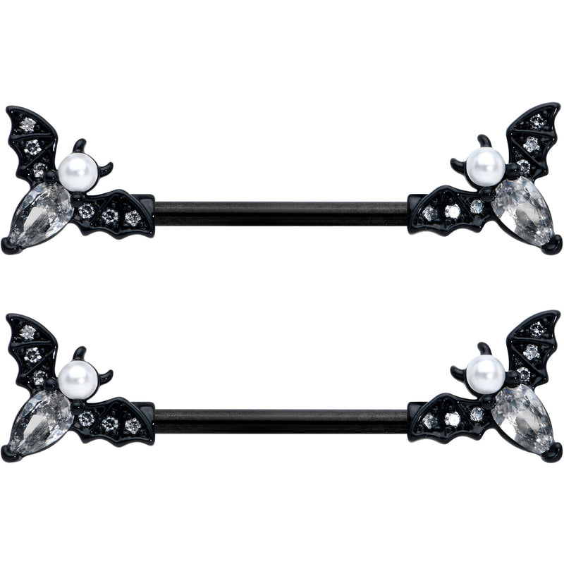 14G 5/8 Clear Gem Black Flying Bats Halloween Nipple Ring Set