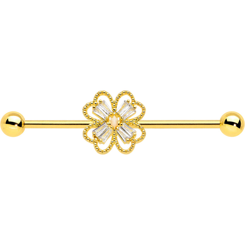 14G Clear Gem Gold Tone Textured Cross Industrial Barbell 38mm