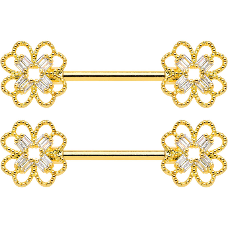 14G 5/8 Clear Gem Gold Tone Texture Cross Barbell Nipple Ring Set