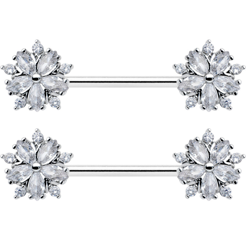 14G 9/16 Clear CZ Gem Floral Burst Barbell Nipple Ring Set