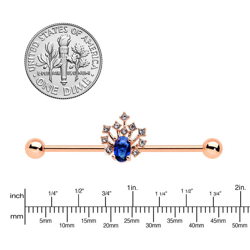 14G Blue Gem Rose Gold Tone Glamour Flare Industrial Barbell 38mm
