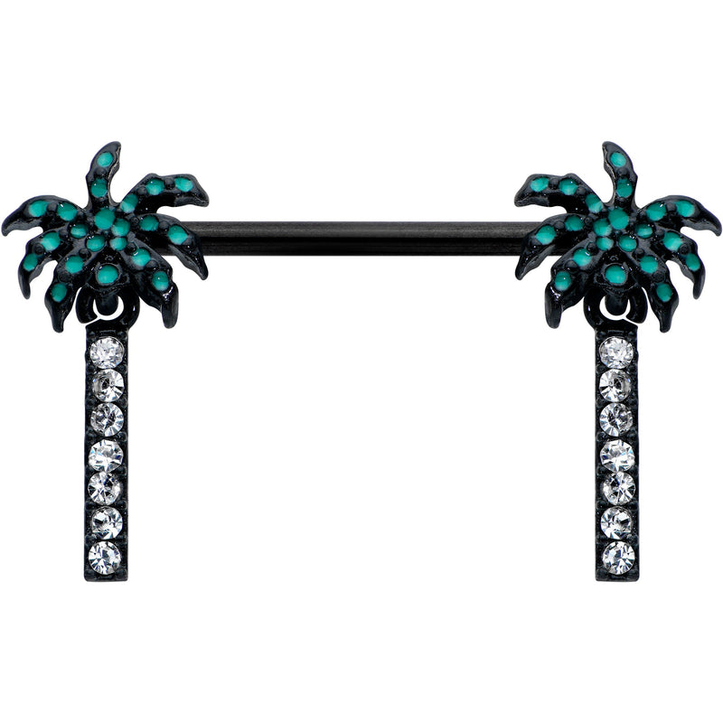 14G 9/16 Clear Gem Black Night Palm Tree Dangle Nipple Ring Set