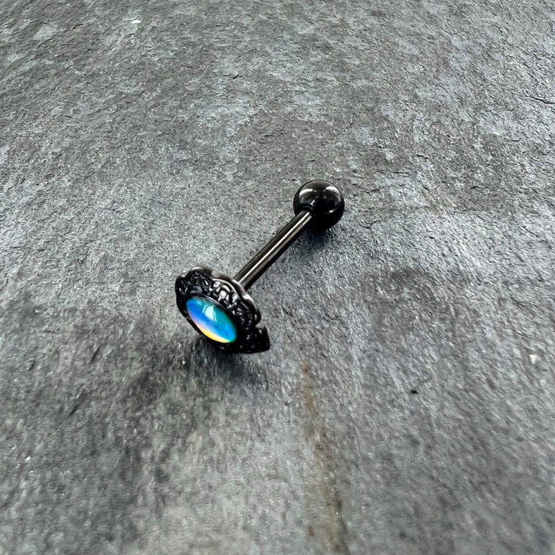 White Tourmaline Black Filigree Fairy Tale Barbell Tongue Ring