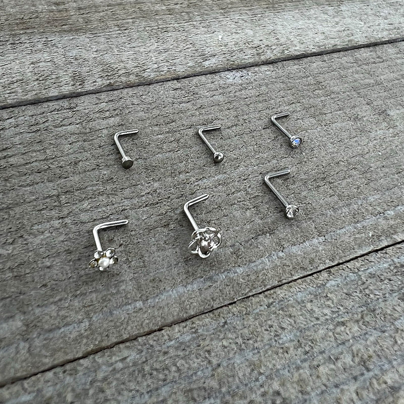 20G 1/4 Aurora Clear CZ Gem Flower L Shape Nose Ring Set of 6