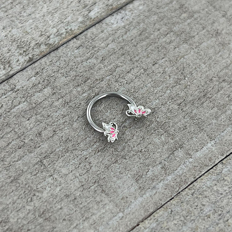 16G 3/8 Pink Wings Butterfly Horseshoe Circular Barbell