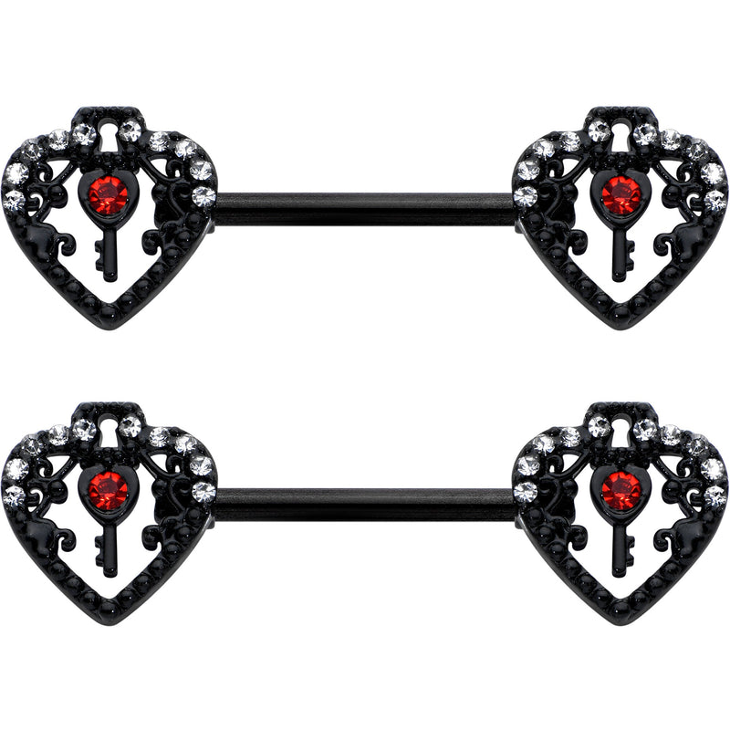 14G 9/16 Red Clear Gem Black Key Heart Barbell Nipple Ring Set