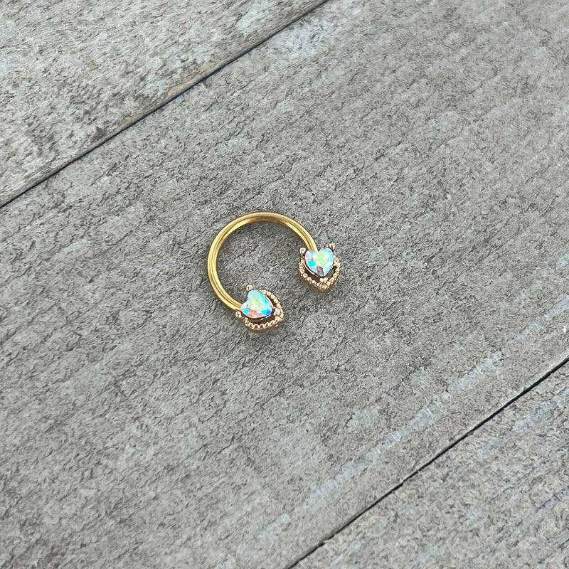 16G 3/8 Aurora Gem Gold Tone Duo Heart Horseshoe Circular Barbell