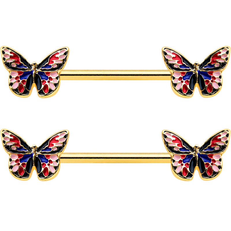 14G 5/8 Gold Tone Pink Blue Red Butterfly Barbell Nipple Ring Set
