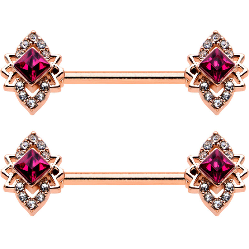 14G 9/16 Red Gem Rosy Tone Octogram Star Barbell Nipple Ring Set