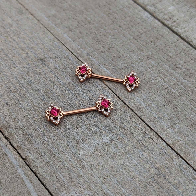 14G 9/16 Red Gem Rosy Tone Octogram Star Barbell Nipple Ring Set