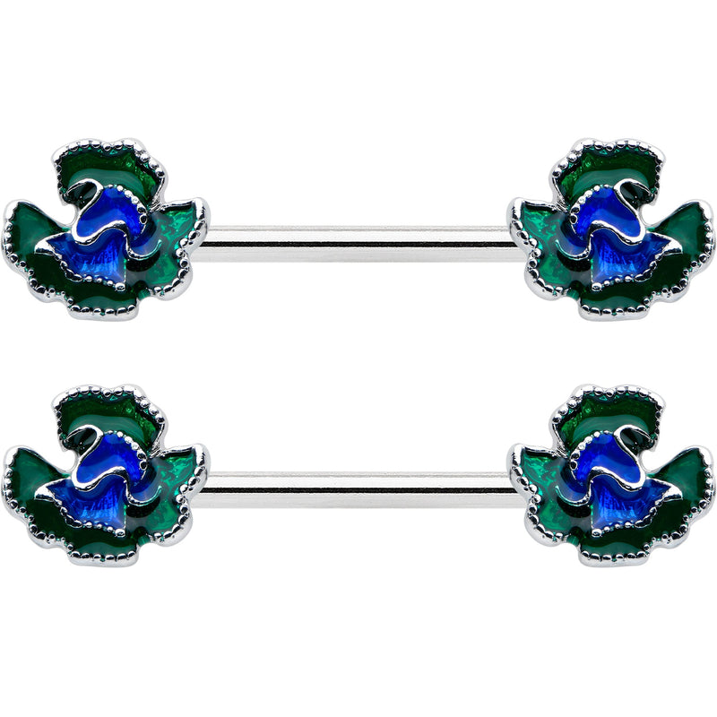 14G 9/16 Spring Flower Blue Green Barbell Nipple Ring Set