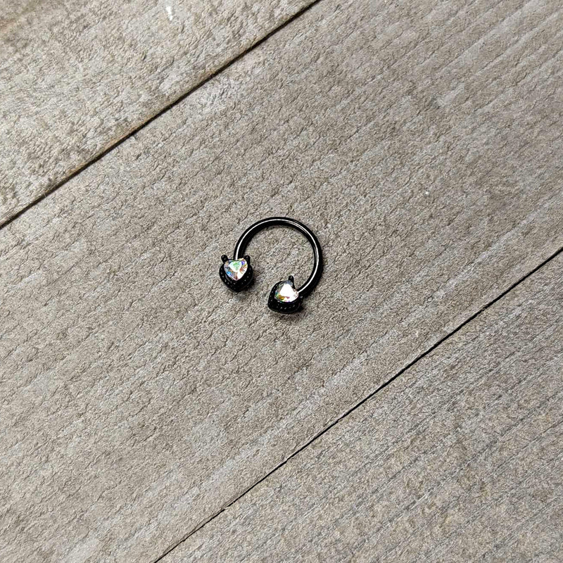 16G 3/8 Aurora Gem Black Heart Ends Horseshoe Circular Barbell