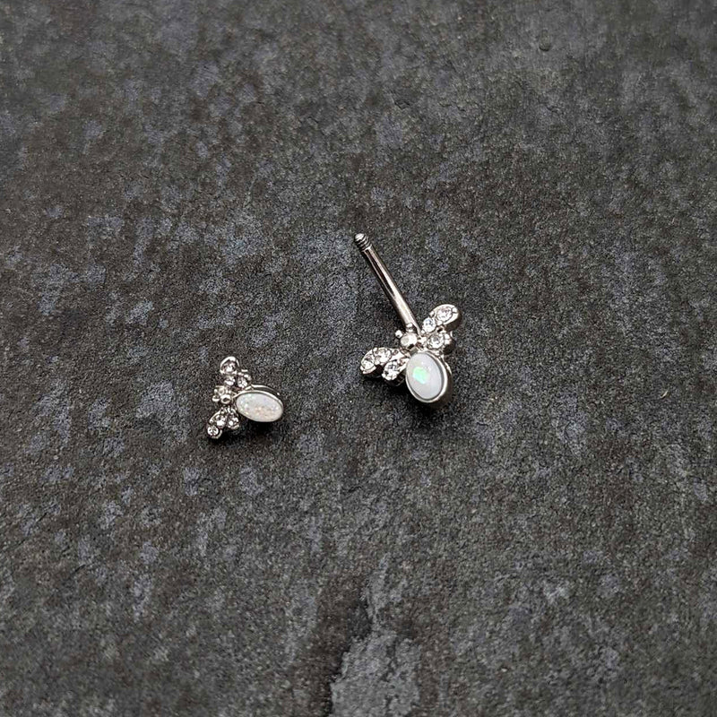White Faux Opal Clear Gem Double Butterfly Double Mount Belly Ring
