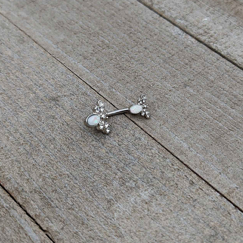 White Faux Opal Clear Gem Double Butterfly Double Mount Belly Ring