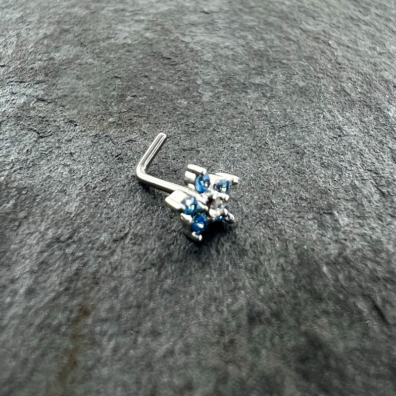 20G 1/4 Blue Clear CZ Gem Flower Beauty L Shape Nose Ring