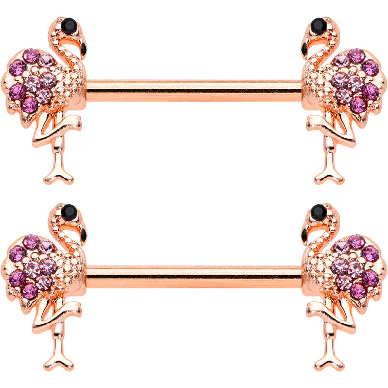 14G 9/16  Pink Gem Rose Gold Hue Fashion Flamingo Nipple Ring Set