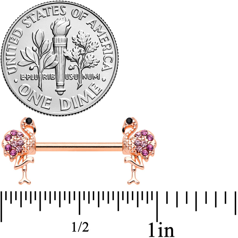 14G 9/16  Pink Gem Rose Gold Hue Fashion Flamingo Nipple Ring Set