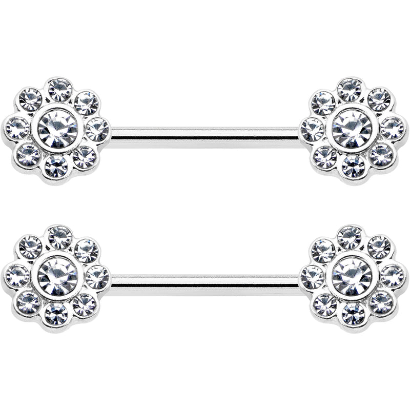 14G 9/16 Clear Gem Whimsy Flower Barbell Nipple Ring Set