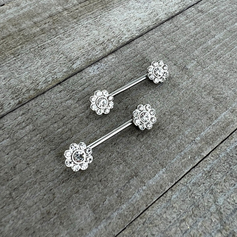 14G 9/16 Clear Gem Whimsy Flower Barbell Nipple Ring Set