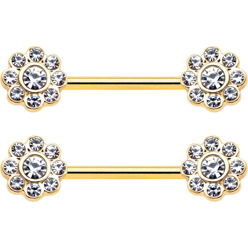 14G 9/16 Clear Gem Gold Tone Whimsy Flower Barbell Nipple Ring Set