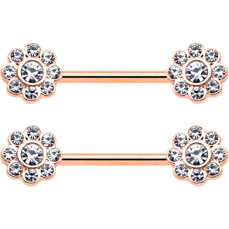 14G 9/16 Clear Gem Rosy Tone Whimsy Flower Barbell Nipple Ring Set