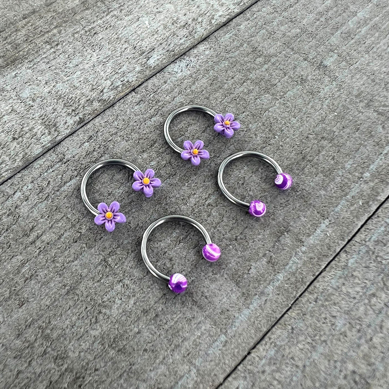 16G 3/8 Purple Ball Flowers Horseshoe Circular Barbell Set of 4