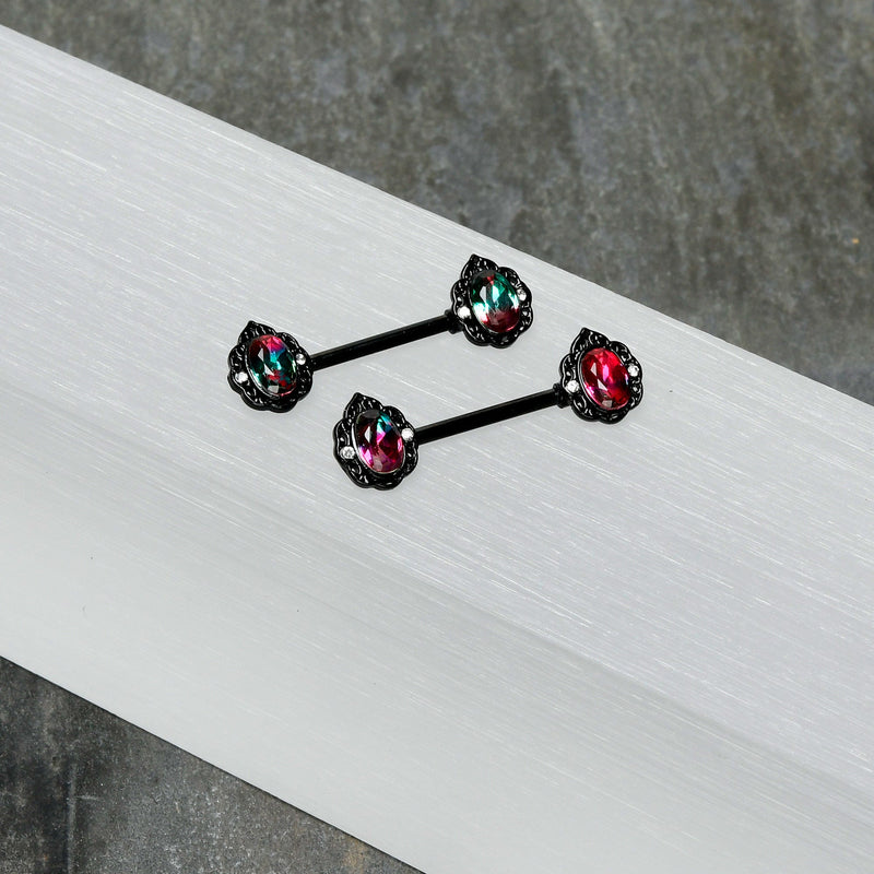 14G 9/16 Purple Tourmaline Black Lacy Drop Barbell Nipple Ring Set