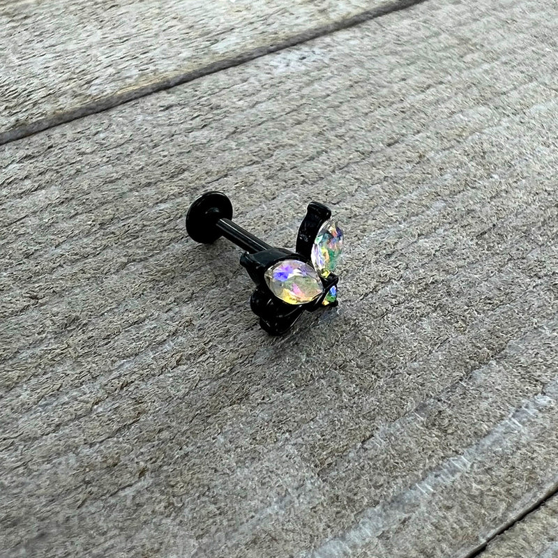 16G 5/16 Aurora CZ Gem Black Fleur de Lis Butterfly Labret Monroe Tragus