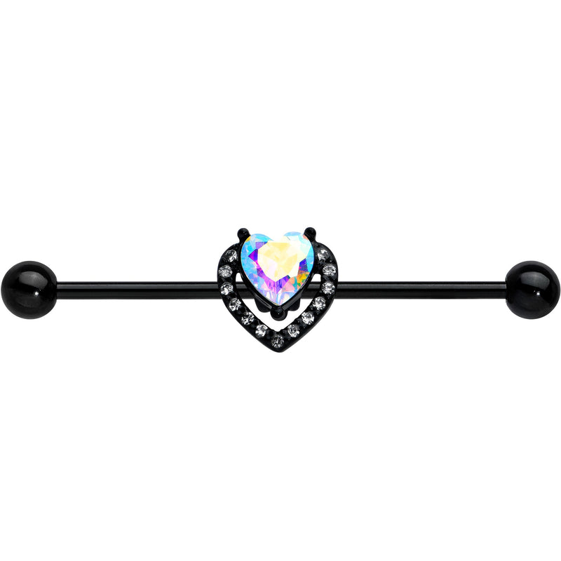 14G Aurora Clear Gem Black Rococo Heart Industrial Barbell 38mm