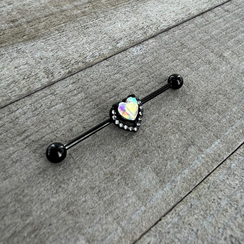14G Aurora Clear Gem Black Rococo Heart Industrial Barbell 38mm
